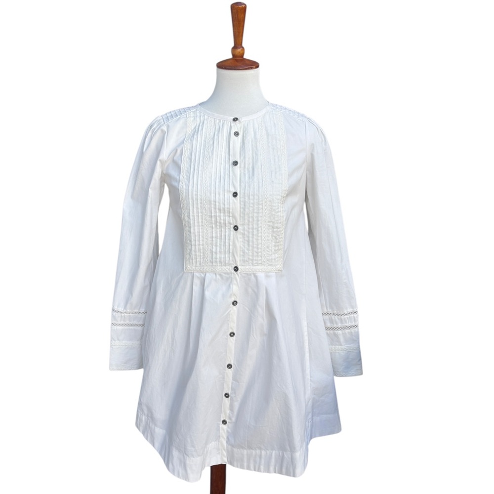 Free People Women’s XS White Button Front Tuxedo Shirt Mini Dress With Lace
